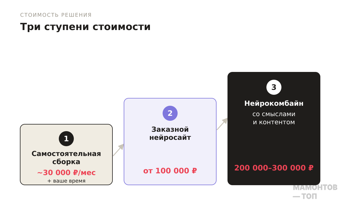 инфографика — три ступени стоимости: самостоятельная сборка (~30к/мес + время), заказной нейросайт от 100к, нейрокомбайн со смыслами и контентом 200–300к