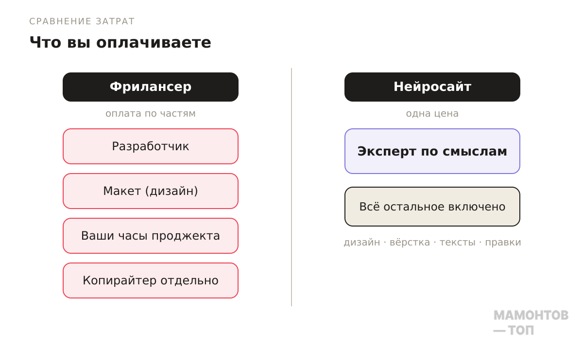 схема-сравнение "что вы оплачиваете" — слева у фрилансера: разработчик + макет + ваши часы проджекта + копирайтер отдельно; справа у нейросайта: эксперт по смыслам, остальное включено